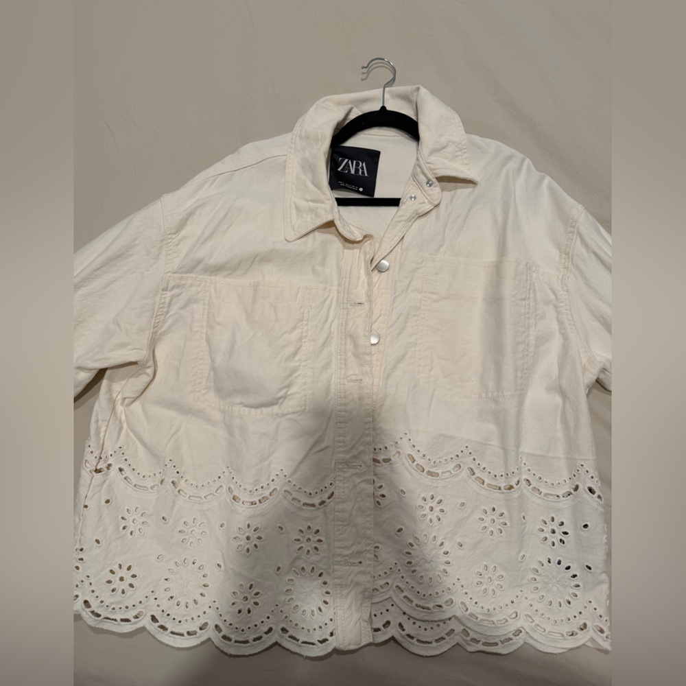 Zara Off-White Cutout Denim Shirt